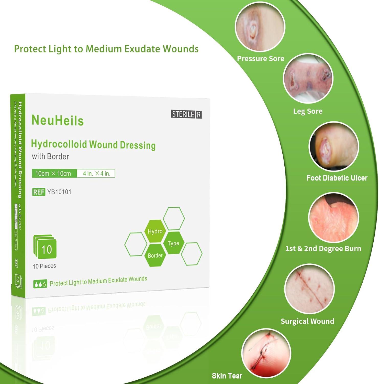 imageHydrocolloid Bandages Hydrocolloid Wound Dressing Thin Type 4x4 for Dry to Light Exudate Wound Bed Sore Pressure Ulcer Minor Burns Abrasions Cuts 10 Packs from NeuHeils4x4 Border