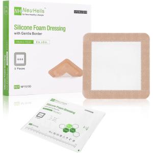 imageNeuHeils Silicone Adhesive Foam Dressing Bandage with Gentle Border 6 x 6 inch for Bed Sore Leg Ulcer 5 Pack High Absorbency Waterproof Silicone Wound Bandage for Pressure Ulcer6x6 Pack of 5