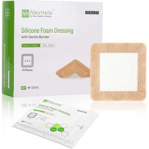 imageNeuHeils Silicone Adhesive Foam Dressing Bandage with Gentle Border 6 x 6 inch for Bed Sore Leg Ulcer 5 Pack High Absorbency Waterproof Silicone Wound Bandage for Pressure Ulcer4x4 Inch Pack of 10