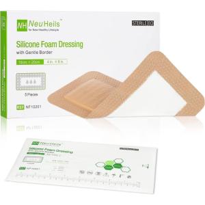imageNeuHeils Silicone Adhesive Foam Dressing Bandage with Gentle Border 6 x 6 inch for Bed Sore Leg Ulcer 5 Pack High Absorbency Waterproof Silicone Wound Bandage for Pressure Ulcer4x8 Pack of 5