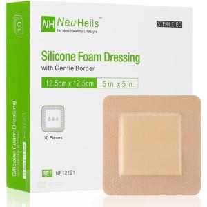 imageNeuHeils Silicone Foam Dressing with Gentle Border 5x5 10 Pack for Bed Sore Leg Ulcer High Absorbency Large Waterproof Silicone Adhesive Wound Bandages Patches5x510 Packs