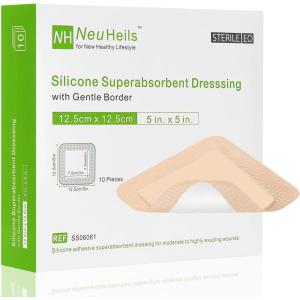 imageNeuHeils Silicone Super Absorbent Wound Dressing 5x5 10 Packs SelfAdhesive Waterproof Bandage with Ultrasorb Polymer Pad for Heavy Exudates Wound5x5 10 Packs