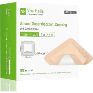 imageNeuHeils Silicone Super Absorbent Wound Dressing 4x4 20 Packs SelfAdhesive Waterproof Bandage with Ultrasorb Pad for Heavy Exudates Wound Soft Gauze Island Dressing4x4 20 Packs