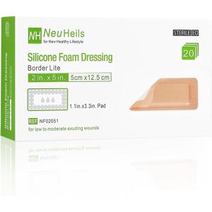 imageNeuHeils Silicone Foam Dressing Border Lite 2x5 20 Packs Pad Size 11x33 Soft Gentle Would Bandage Patch for Small Bed Sore Pressure Ulcer2x5 20 Packs