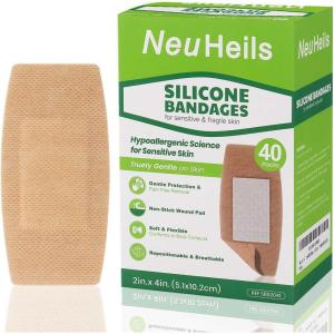 imageNeuHeils Silicone Adhesive Bandages for Sensitive Skin  Large 2x4 Inch 40 Count  Hypoallergenic ampamp Waterproof Wound Care  PainFree Removal NonStick Pad Gentle for Fragile Skin
