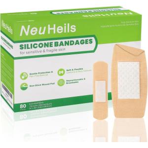 image:imageNeuHeils 80 Pks Silicone Bandages for Sensitive Skin Assorted Sizes  Small 075x3 60Pcs amp Large 2x4 20Pcs  NonStick Pad Hypoallergenic PainFree Removal Wound Dressings for Fragile Skin